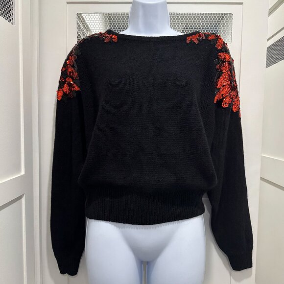 Vintage 80's Sweater Black Red Sequins Floral Dolman - Picture 1 of 7